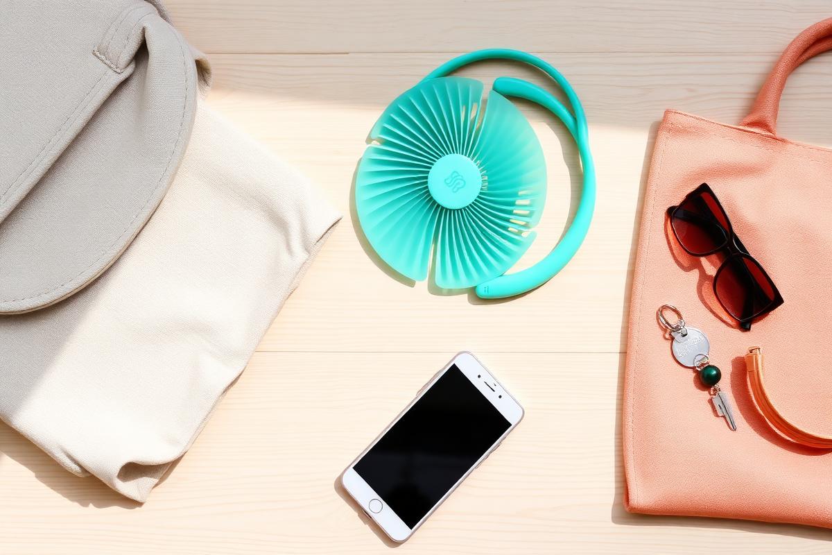 Ventilateur de cou posé à côté d'un sac et d'accessoires d'été