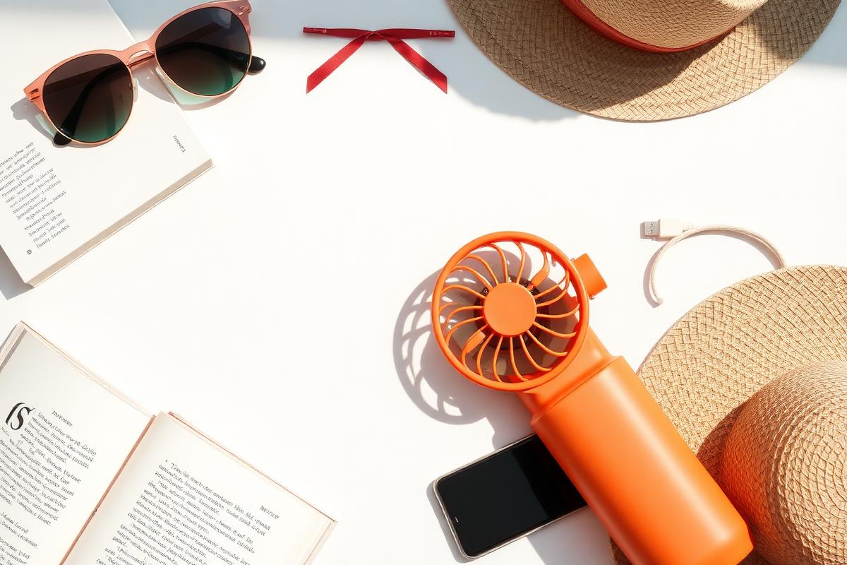 Mini ventilateur portable et accessoires d'été sur un fond clair