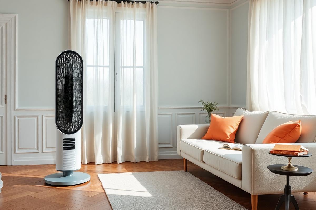 Ventilateur colonne dans un salon lumineux