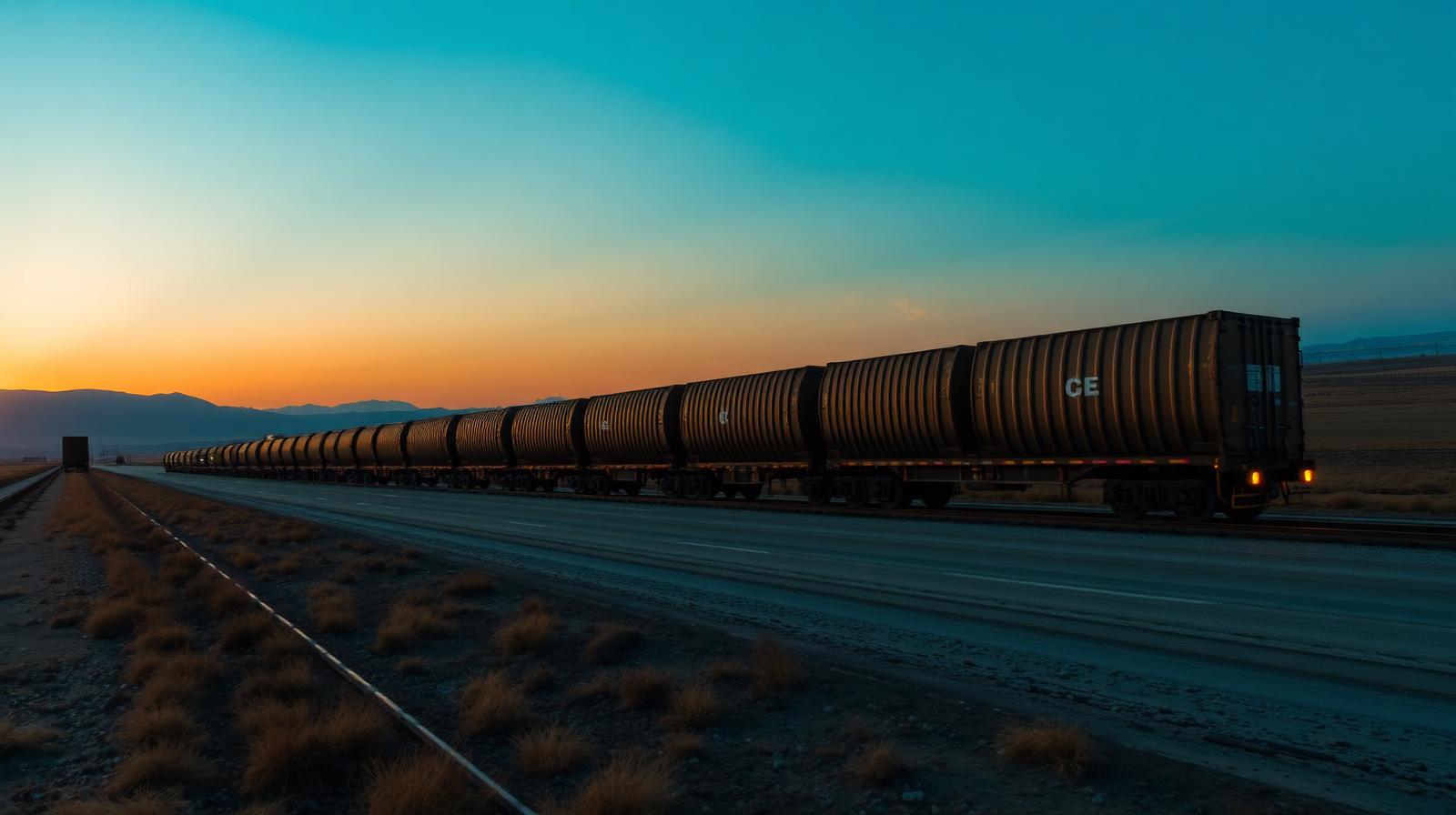 Train de fret Chine-Europe transportant des conteneurs au coucher du soleil