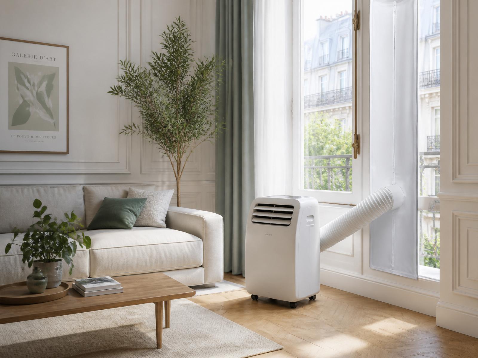 Kit de calfeutrage tissu installé sur une fenêtre avec gaine de climatiseur mobile