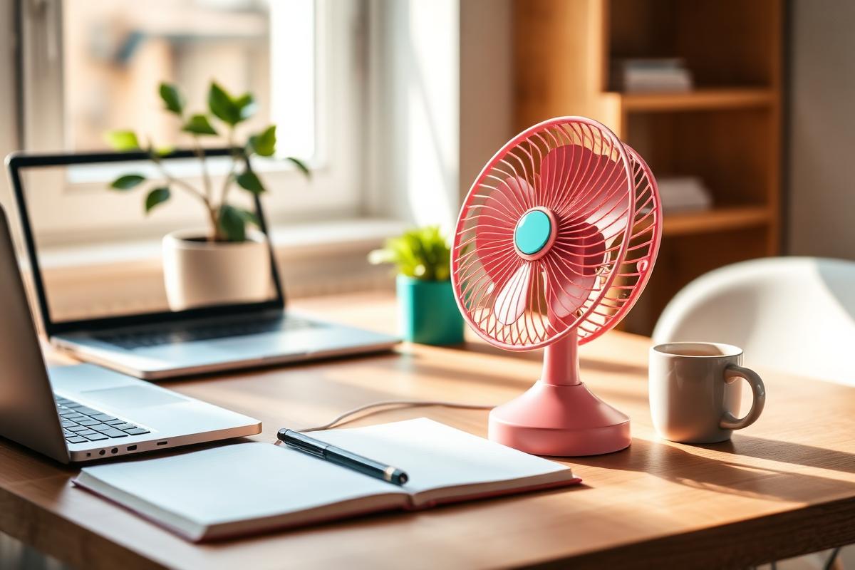 Ventilateur de bureau posé sur un bureau lumineux