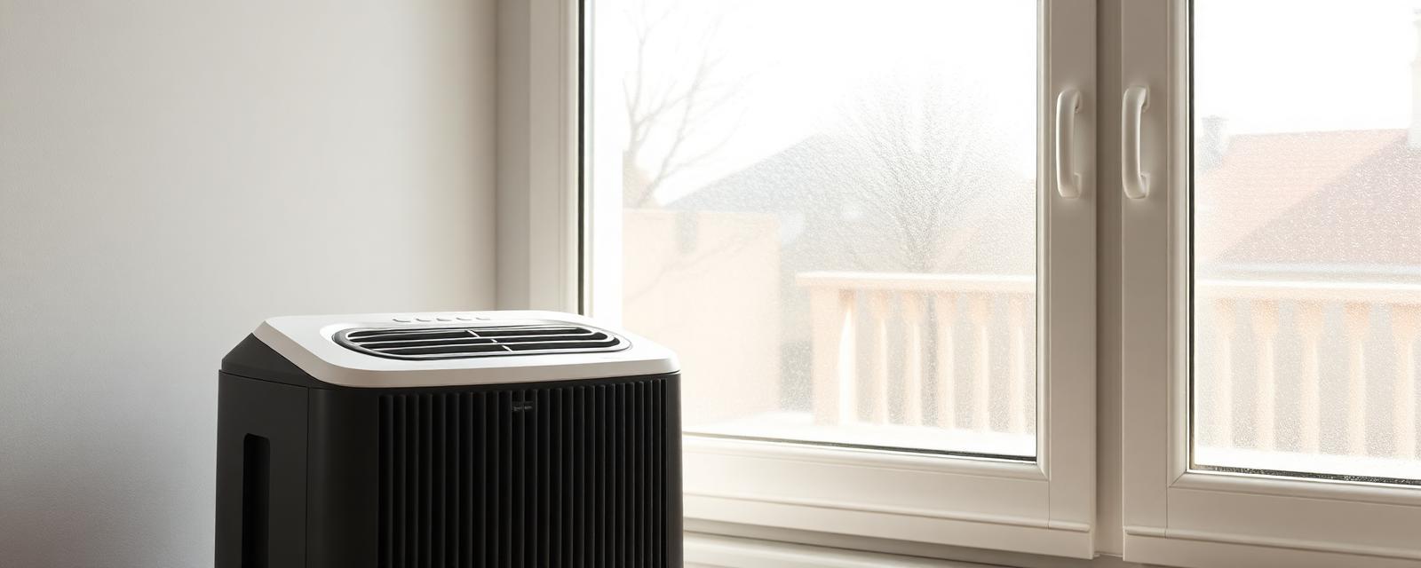Déshumidificateur d'air posé près d'une fenêtre