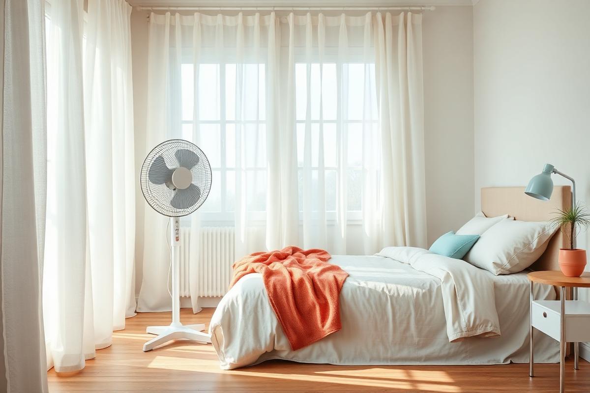 Ventilateur sur pied silencieux dans une chambre lumineuse
