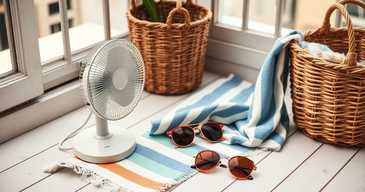 Ventilateur de table et accessoires d'été colorés sur un balcon parisien, style bazar