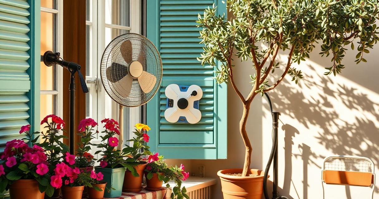Balcon fleuri avec ventilateur sur pied devant une fenêtre à volets bleus