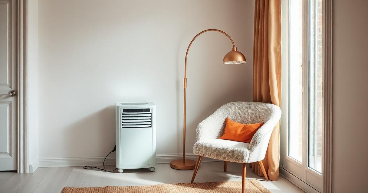 Climatiseur mobile blanc dans un salon lumineux avec fauteuil bouclé et lampadaire