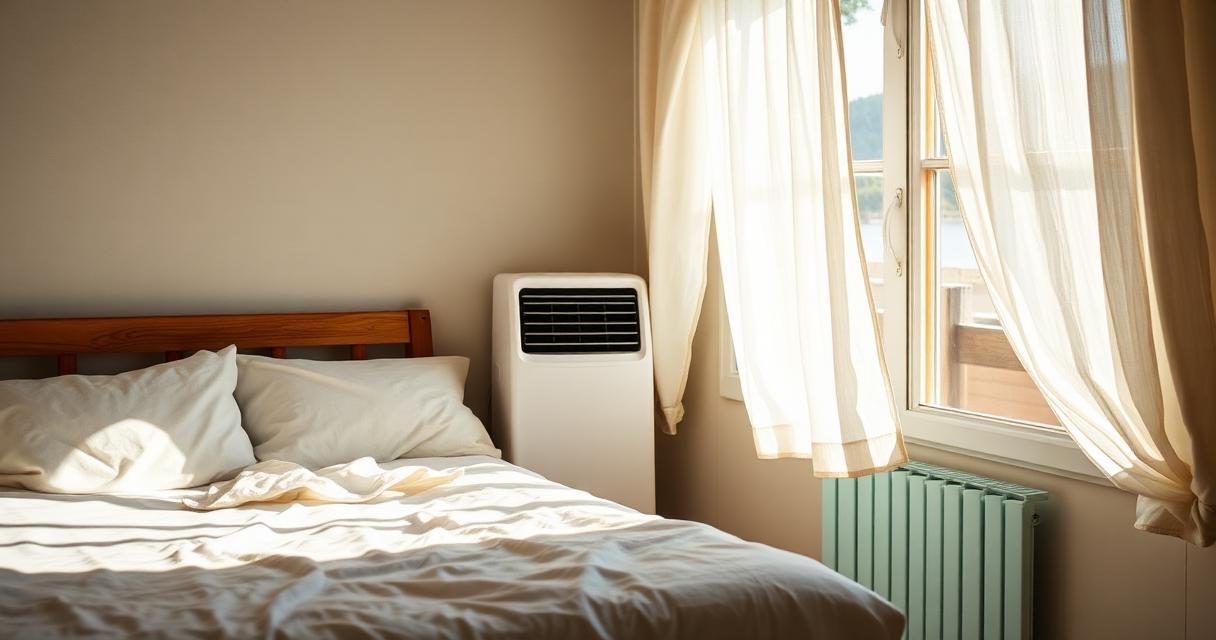 Chambre compacte avec climatiseur mobile près d'un lit en bois et rideaux de lin