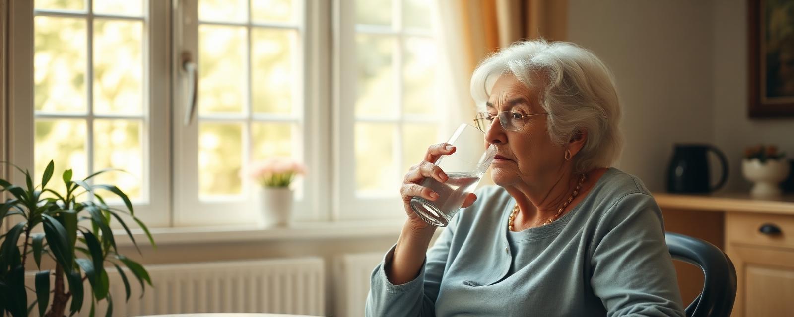 Personne âgée buvant un verre d'eau dans un intérieur frais et ombragé pendant la canicule