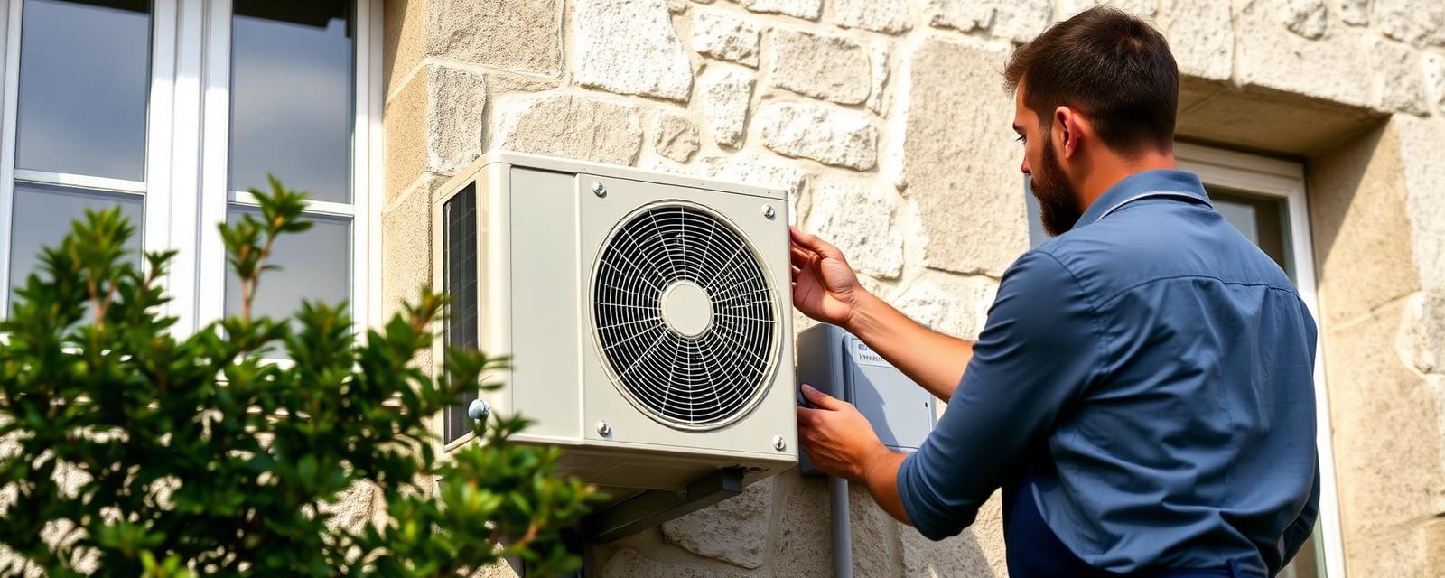 Installateur posant l'unité extérieure d'une pompe à chaleur air-air sur une façade