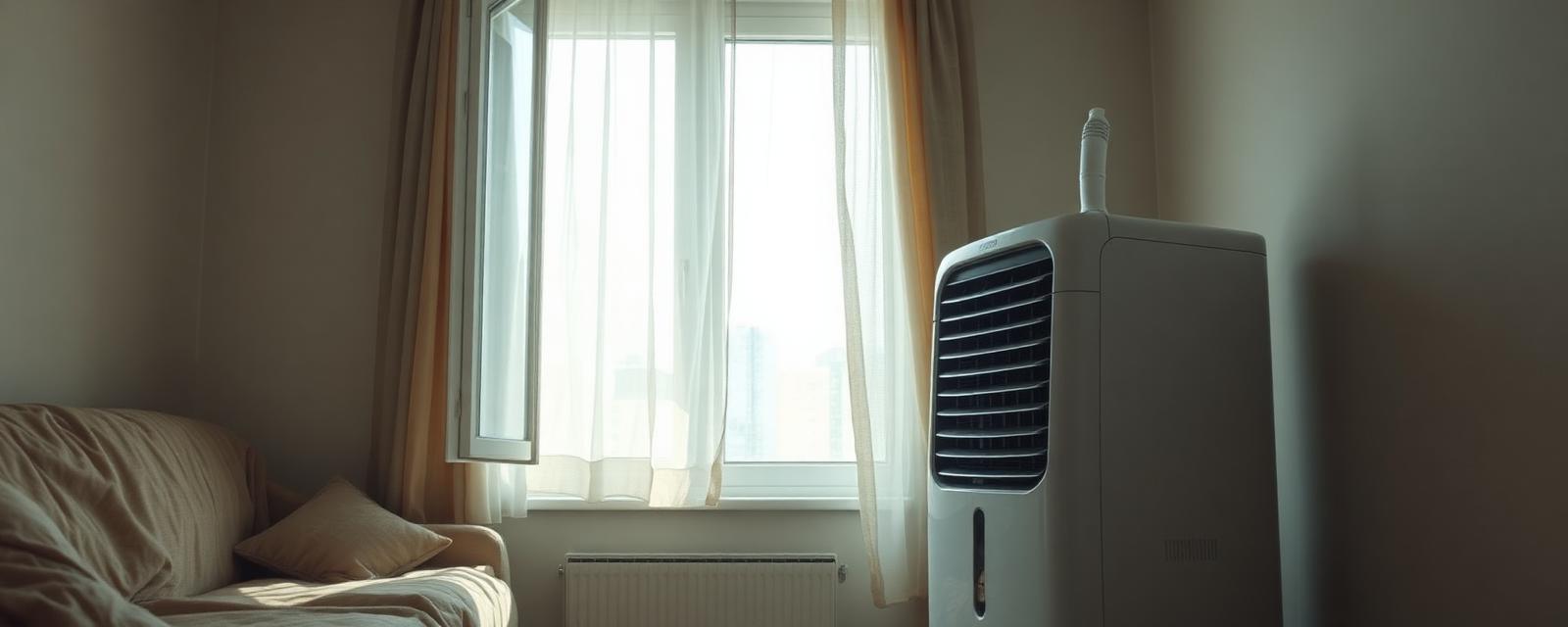 Rafraîchisseur d'air monobloc sans tuyau d'évacuation devant une fenêtre ouverte