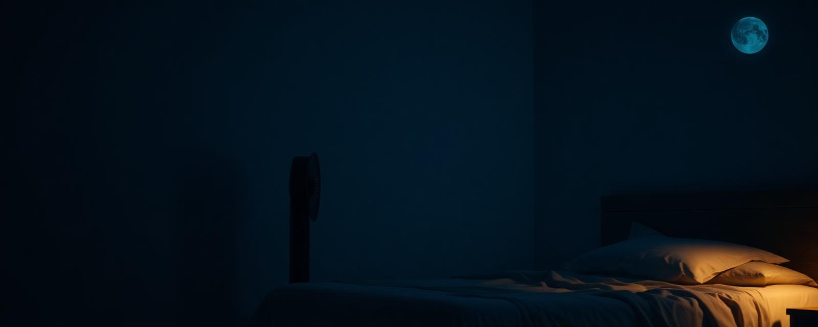 Chambre de nuit avec ventilateur silencieux à côté d'un lit, lumière bleutée