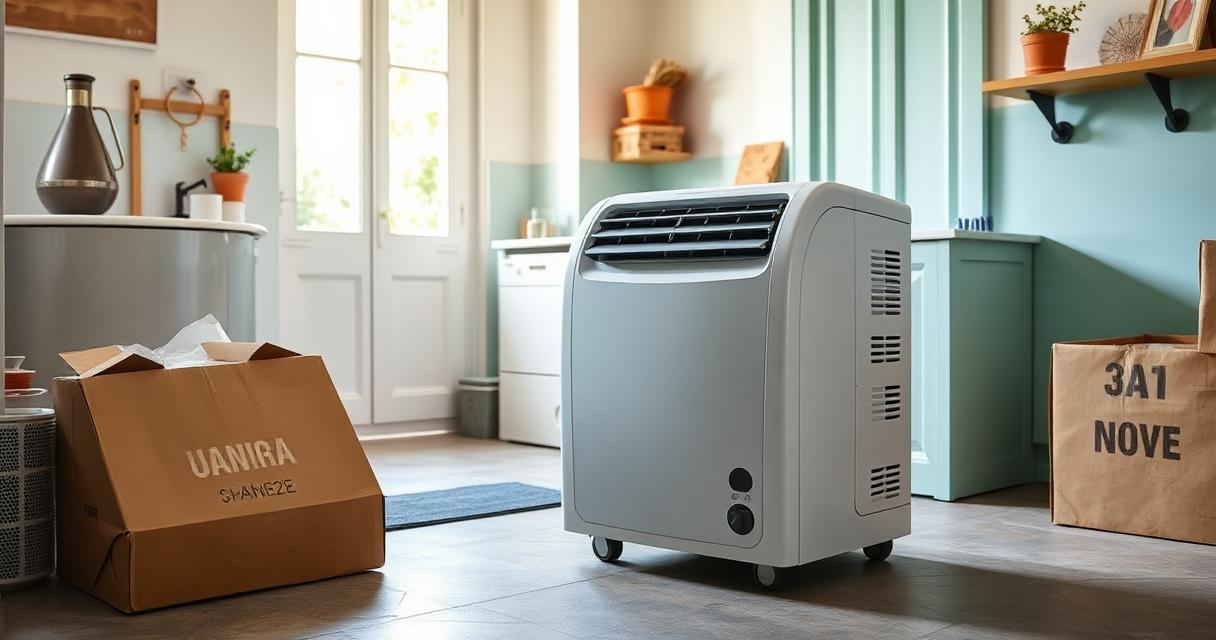 Climatiseur mobile fraîchement déballé dans une buanderie avec cartons de livraison