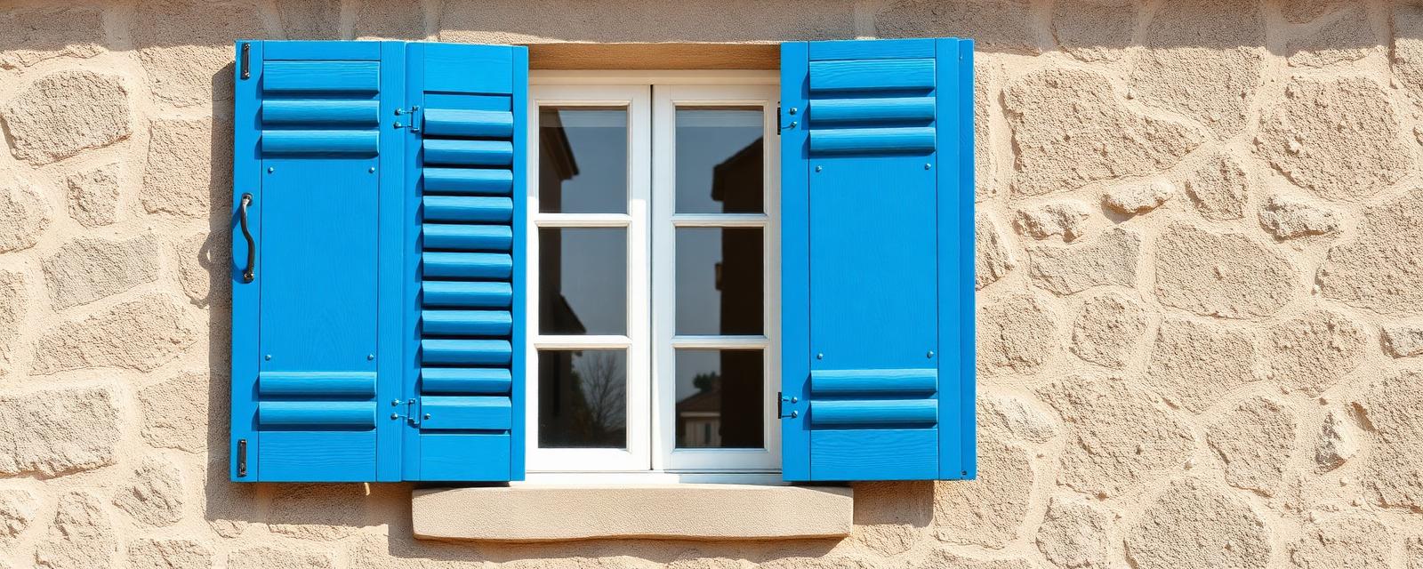 Volets provençaux bleus fermés sur une maison en pierre pendant la canicule