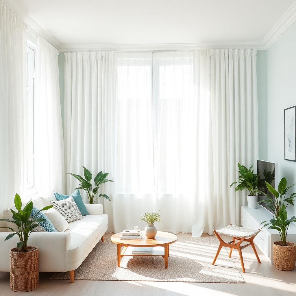 Salon lumineux et frais en été, ambiance fraîcheur
