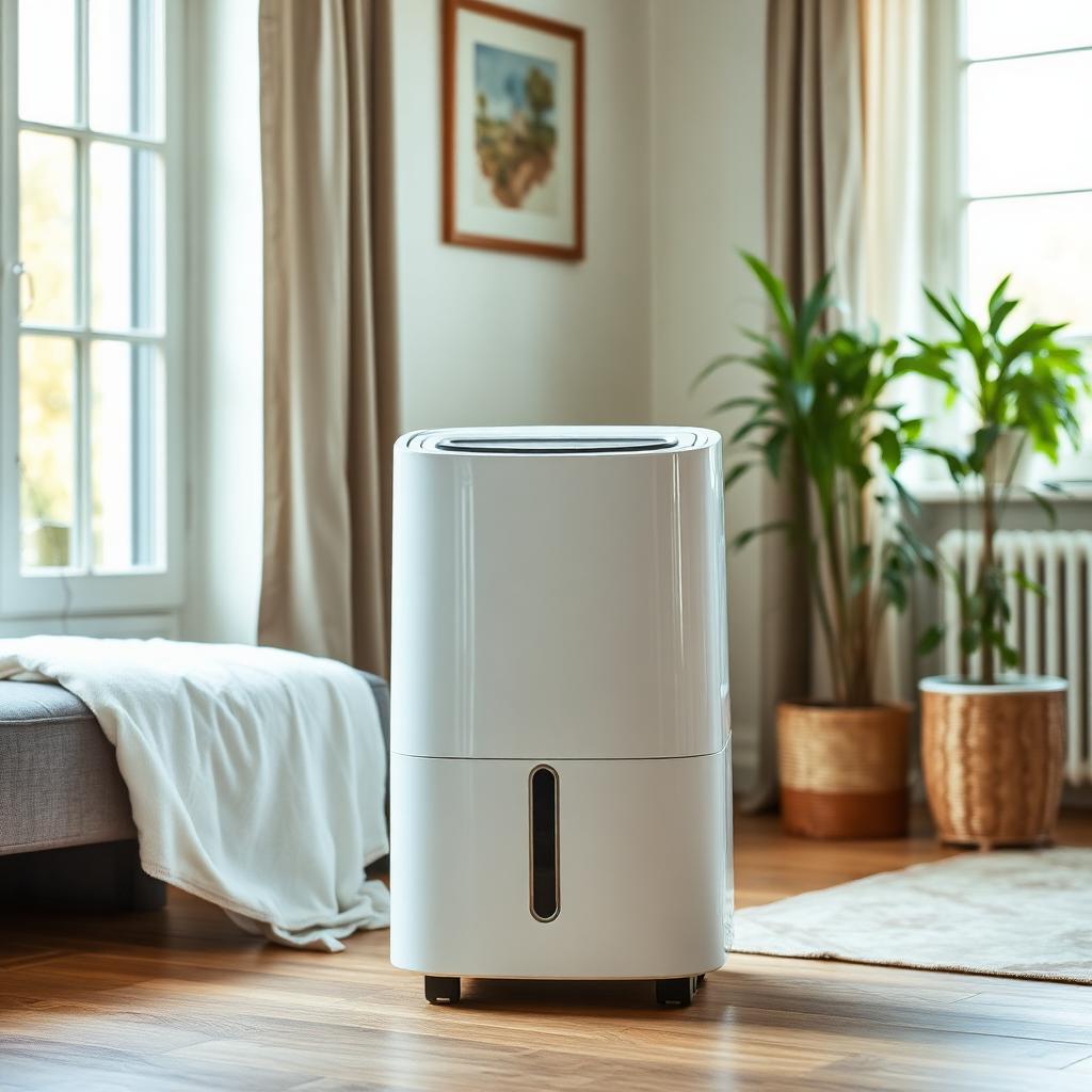 Déshumidificateur d'air blanc dans une chambre lumineuse à côté d'une fenêtre