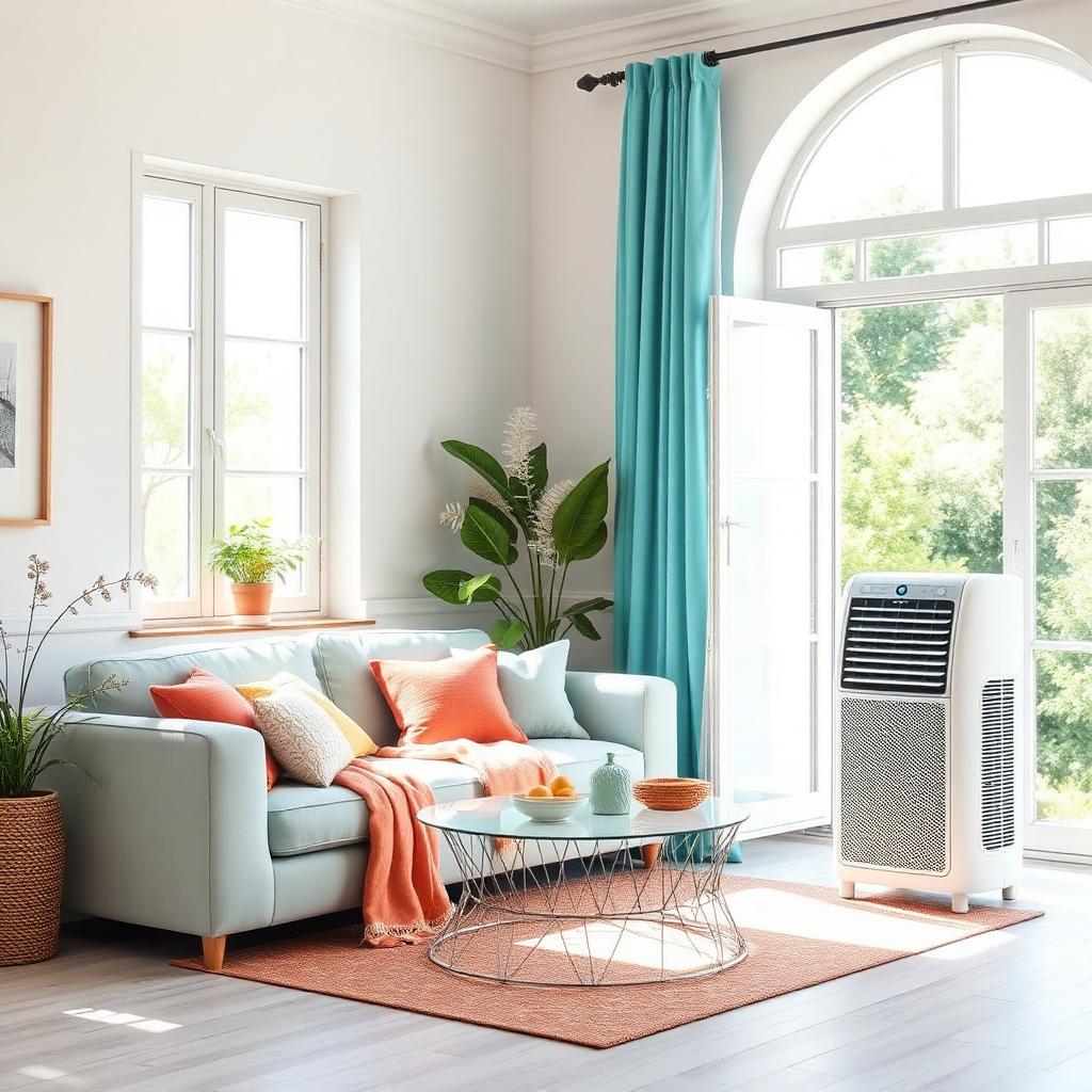 Salon lumineux d'été avec un rafraîchisseur d'air discret près d'une fenêtre