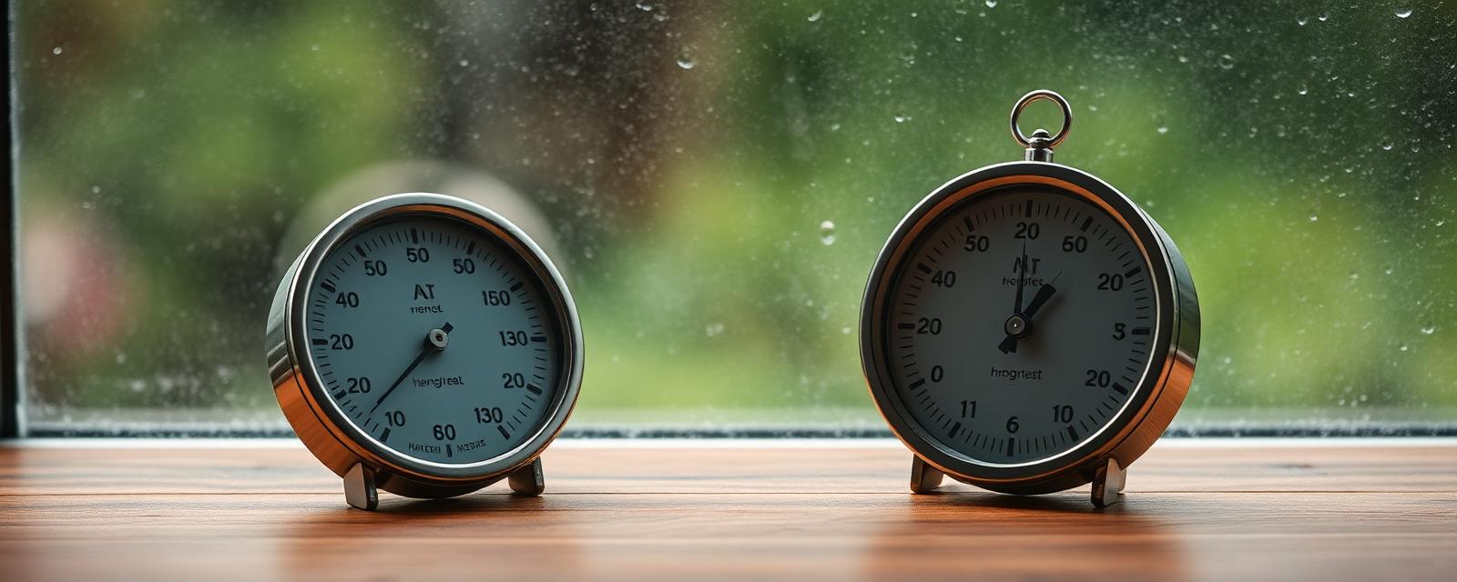 Thermomètre et hygromètre analogiques devant une fenêtre avec condensation