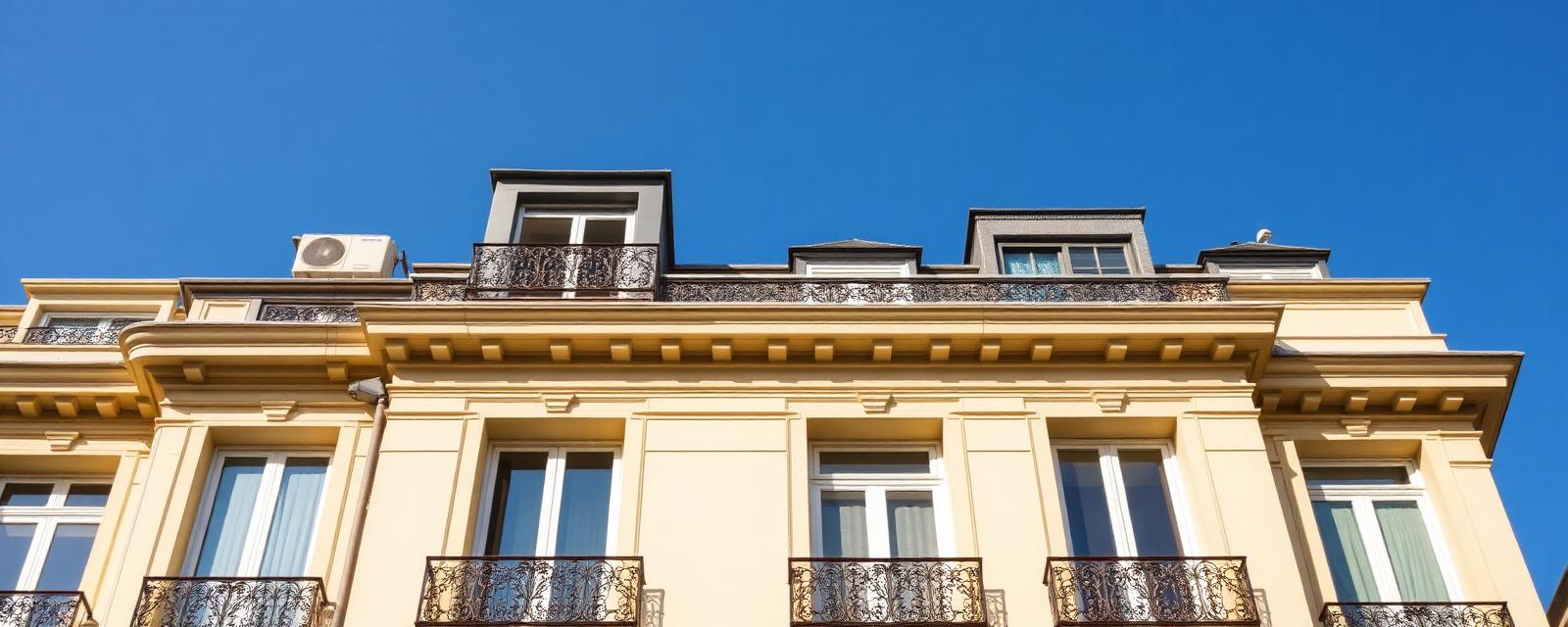 Façade d'immeuble haussmannien parisien avec unités de climatisation sur les balcons