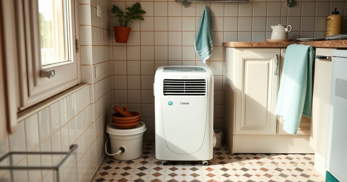 Climatiseur mobile compact dans une petite cuisine française carrelée