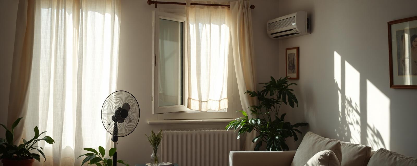 Salon rafraîchi sans climatisation avec ventilateur, fenêtre ouverte et plantes