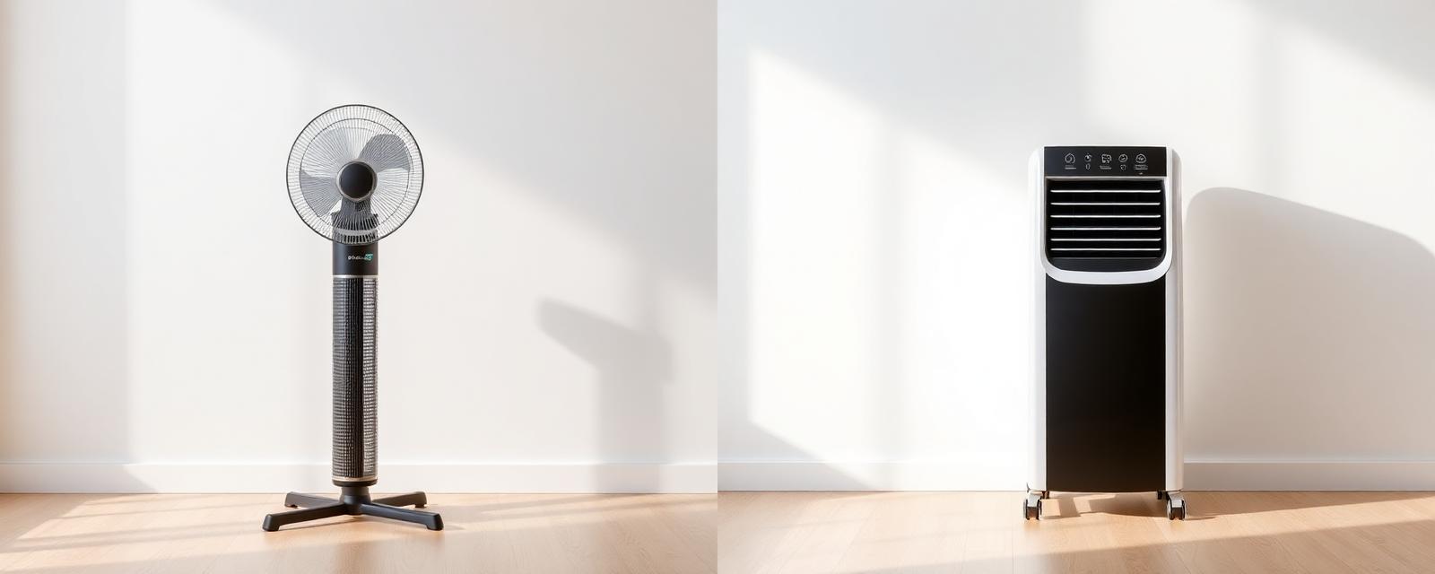Comparaison côte à côte d'un ventilateur sur pied et d'un climatiseur mobile